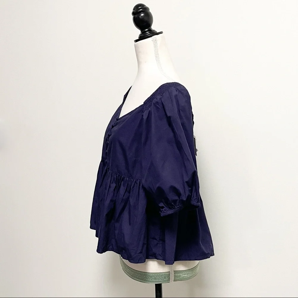 Free People Navy Veronica V Neck Buttons Top 1/2 Puff Sleeves NWT Small Peplum - Picture 6 of 10